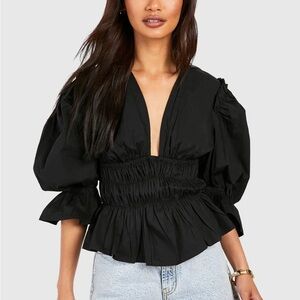 Boohoo Volume Sleeve Tie Back Cotton Poplin Top